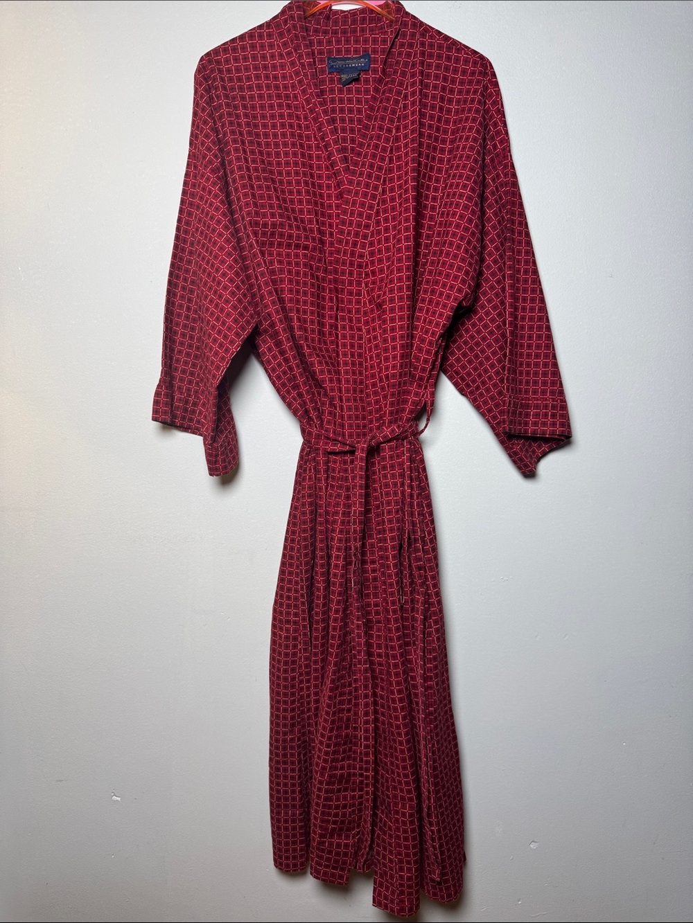OSCAR de la Renta Loungewear 100% Cotton Red Geometric Check Wrap Robe Made USA
